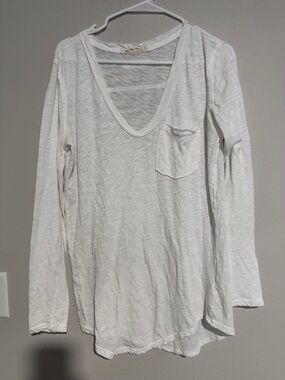Free People White Scoop Neck Long Sleeve Pocket Tee